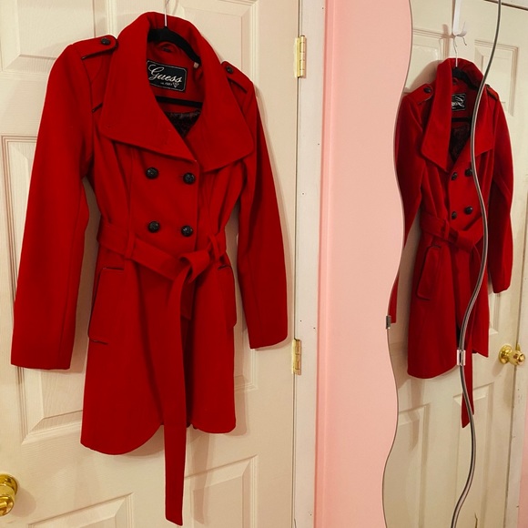 Nwt NEW Guess Red Wool Coat XS Button up winter pea tie belted peacoat jacket - Picture 3 of 15